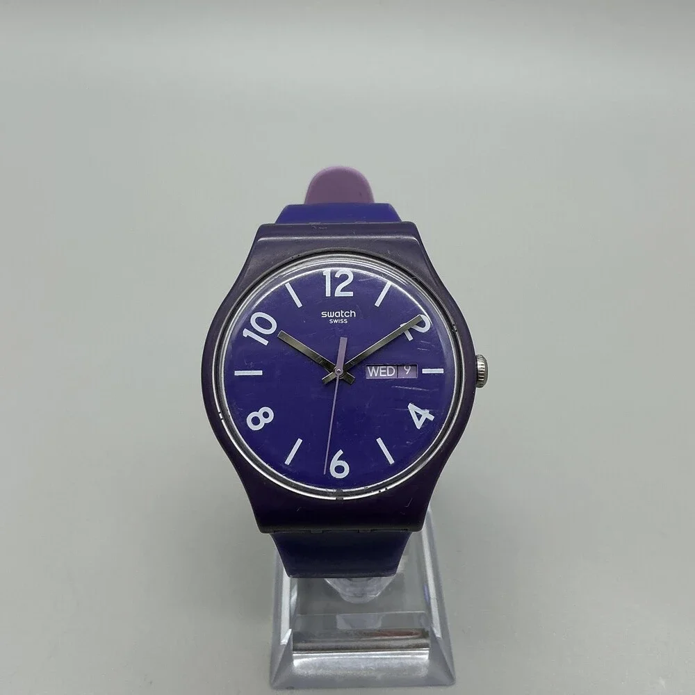 Swatch Backup Purple Mens Watch 41mm Purple Dial Day Date Swiss New Battery